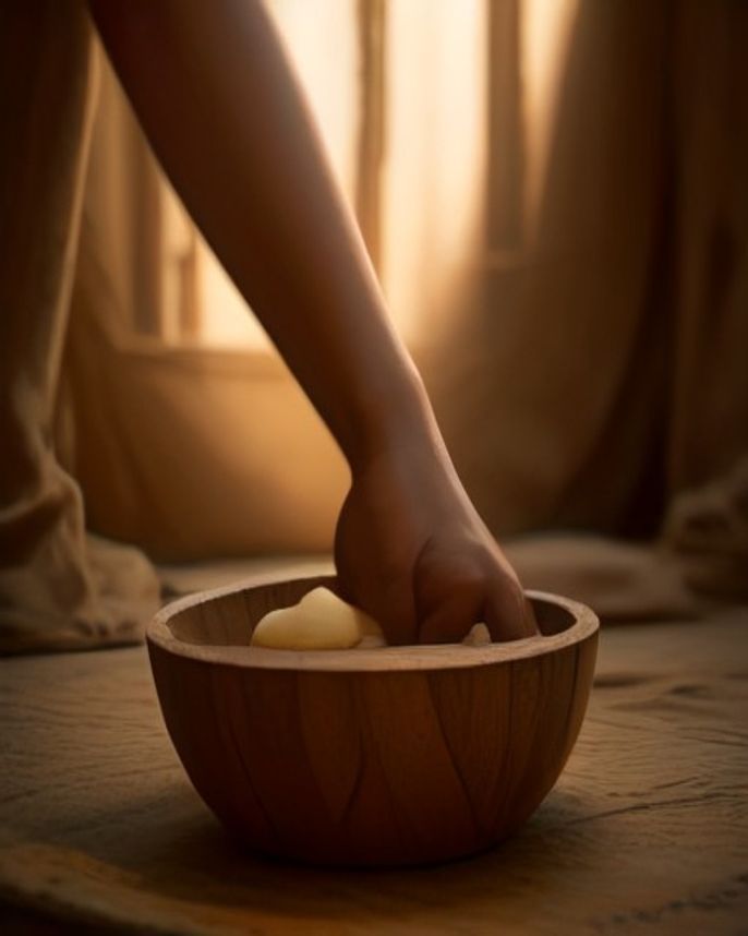 Artisan hands processing shea butter in a traditional wooden bowl