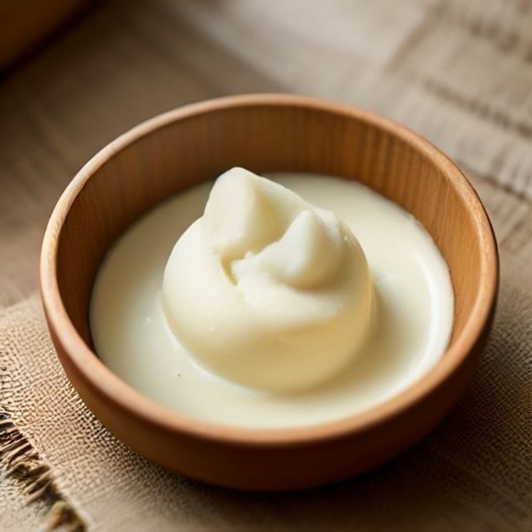 Raw unrefined shea butter in a wooden bowl on linen fabric